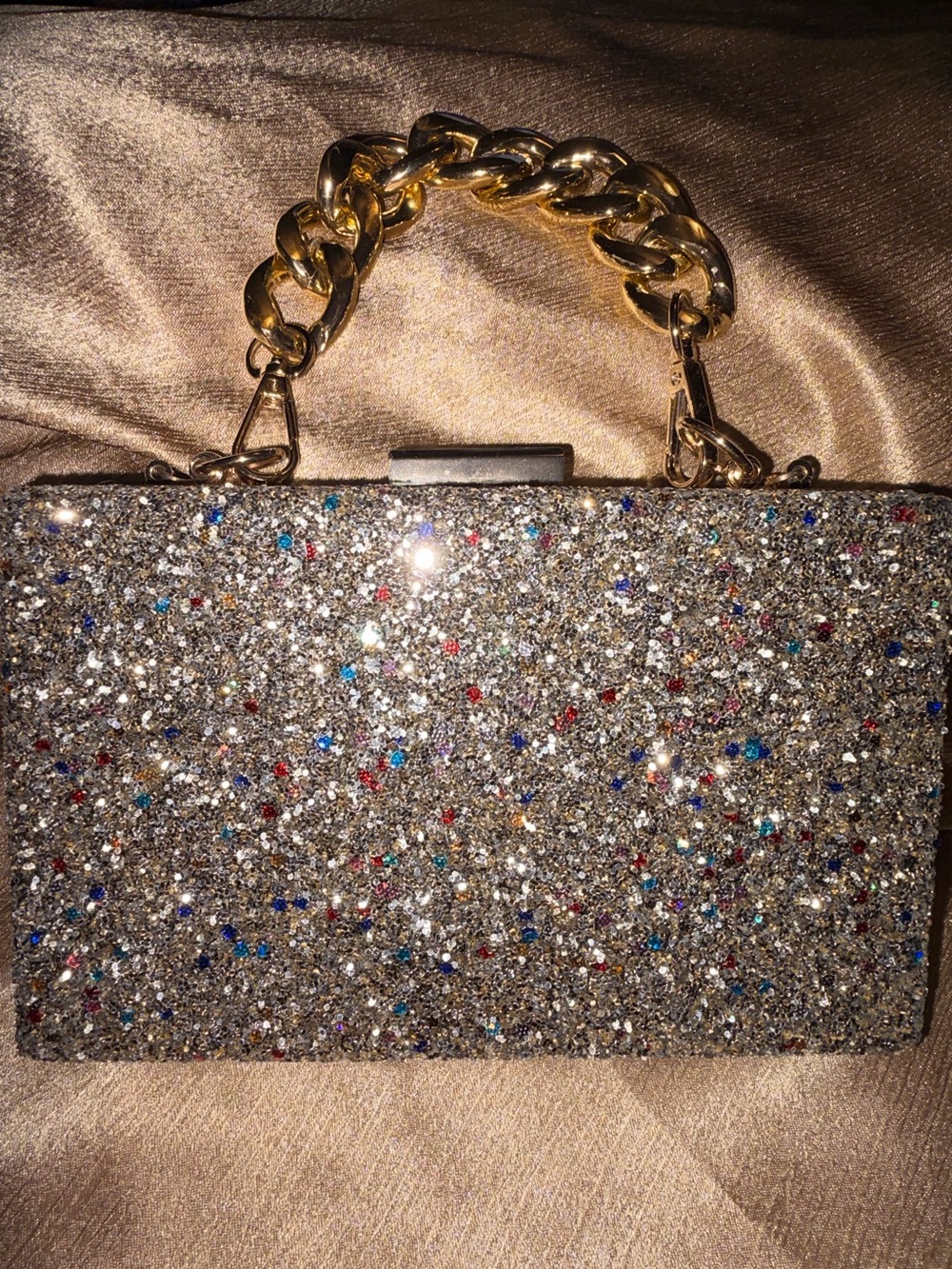 Silver Glitter Crystal Box Clutch with Gold Chain Handle